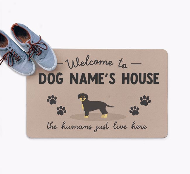 The Humans Just Live Here: Personalized {breedFullName} Doormat